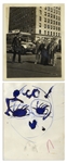 Moe Howards 4 x 5 Glossy Publicity Photo From 1934 of The Three Stooges Stopping Traffic -- With Interesting Ink Portrait on Verso, Almost Certainly Drawn by Moe -- Very Good Condition
